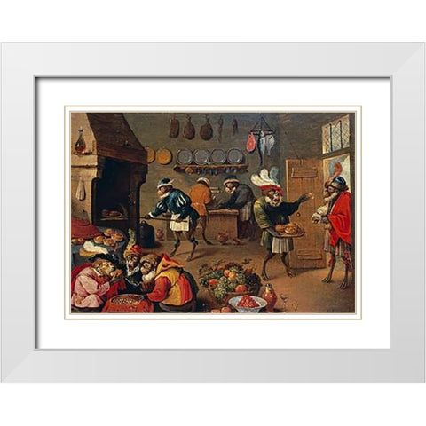 Les Singes Cuisiniers. The Monkeys Cooks White Modern Wood Framed Art Print with Double Matting by II, David
