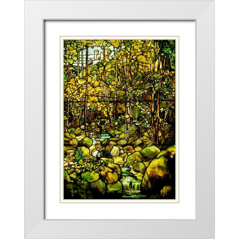 A Leaded Glass Window of a Woodland Scene White Modern Wood Framed Art Print with Double Matting by Tiffany Studios