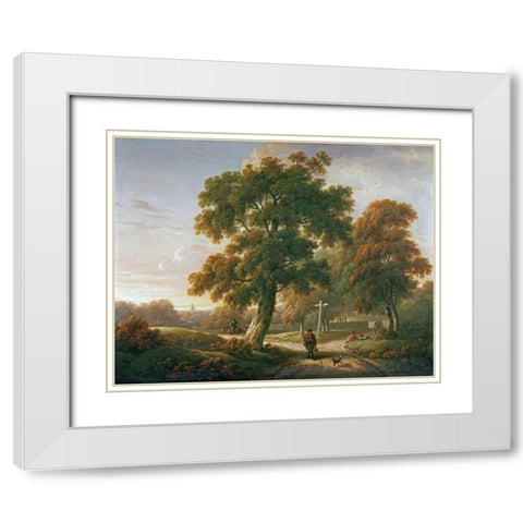 Travellers at a Crossroads In a Wooded Landscape White Modern Wood Framed Art Print with Double Matting by Towne, Charles