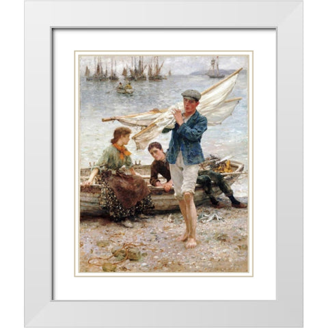 Return From Fishing White Modern Wood Framed Art Print with Double Matting by Tuke, Henry Scott