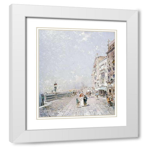 The Molo, Venice, Looking West With Figures Promenading White Modern Wood Framed Art Print with Double Matting by Unterberger, Franz Richard