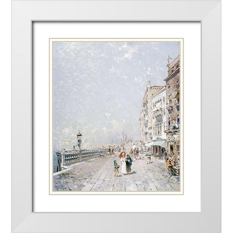 The Molo, Venice, Looking West With Figures Promenading White Modern Wood Framed Art Print with Double Matting by Unterberger, Franz Richard