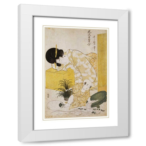A Mother Dozing While Her Child Topples a Fish Bowl White Modern Wood Framed Art Print with Double Matting by Utamaro, Kitagawa