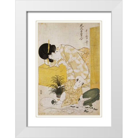 A Mother Dozing While Her Child Topples a Fish Bowl White Modern Wood Framed Art Print with Double Matting by Utamaro, Kitagawa