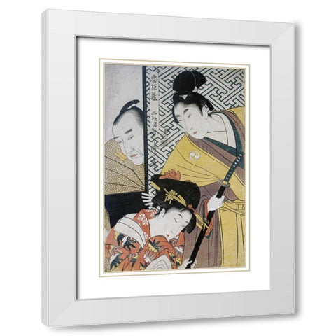 Act II of Chushingura, The Young Samurai Rikiya White Modern Wood Framed Art Print with Double Matting by Utamaro, Kitagawa