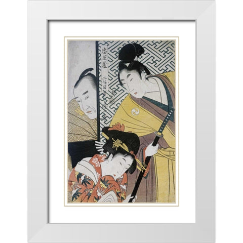 Act II of Chushingura, The Young Samurai Rikiya White Modern Wood Framed Art Print with Double Matting by Utamaro, Kitagawa
