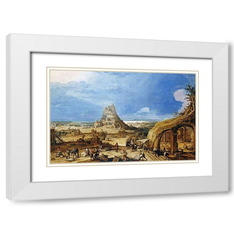 The Building of The Tower of Babel White Modern Wood Framed Art Print with Double Matting by Van Cleve, Hendrick III