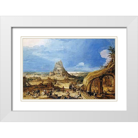 The Building of The Tower of Babel White Modern Wood Framed Art Print with Double Matting by Van Cleve, Hendrick III