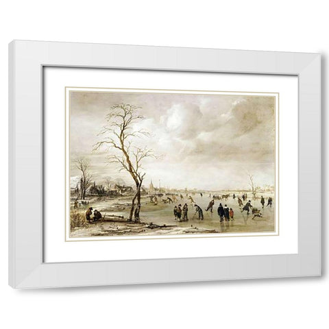 A Winter Landscape White Modern Wood Framed Art Print with Double Matting by Van Der Neer, Aert