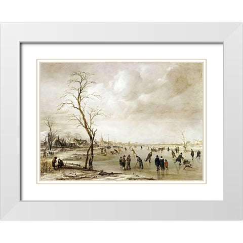A Winter Landscape White Modern Wood Framed Art Print with Double Matting by Van Der Neer, Aert