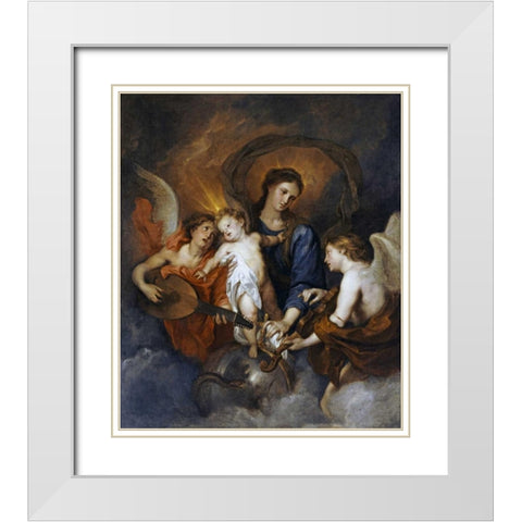 The Madonna and Child With Two Musical Angels White Modern Wood Framed Art Print with Double Matting by Van Dyck, Sir Anthony