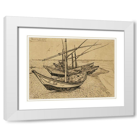 Boats On The Beach at Saintes-Maries-De-La-Mer White Modern Wood Framed Art Print with Double Matting by Van Gogh, Vincent
