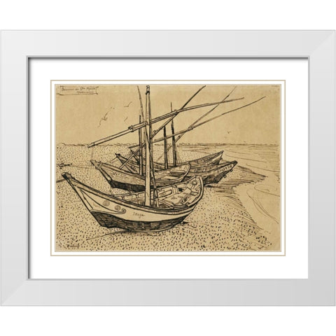 Boats On The Beach at Saintes-Maries-De-La-Mer White Modern Wood Framed Art Print with Double Matting by Van Gogh, Vincent