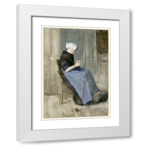 A Young Scheveningen Woman Knitting White Modern Wood Framed Art Print with Double Matting by Van Gogh, Vincent