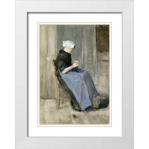 A Young Scheveningen Woman Knitting White Modern Wood Framed Art Print with Double Matting by Van Gogh, Vincent