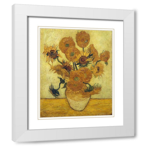 Vase with Fifteen Sunflowers, 1889 White Modern Wood Framed Art Print with Double Matting by Van Gogh, Vincent