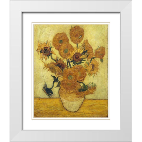 Vase with Fifteen Sunflowers, 1889 White Modern Wood Framed Art Print with Double Matting by Van Gogh, Vincent