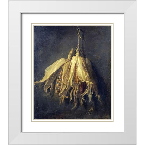 Three Corncobs Hanging From a Nail White Modern Wood Framed Art Print with Double Matting by Spaendonck, Cornelis Van