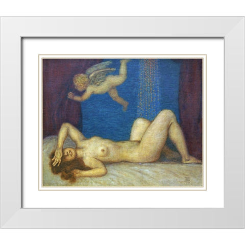 Danae and The Golden Shower White Modern Wood Framed Art Print with Double Matting by Von Stuck, Franz