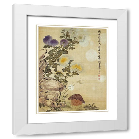 Chrysanthemums and Quail White Modern Wood Framed Art Print with Double Matting by Yuanyu, Ma