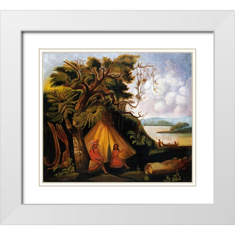 Indian Encampment White Modern Wood Framed Art Print with Double Matting by American School