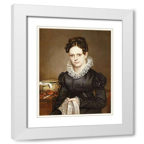 Portrait of a Lady With a Sewing Basket White Modern Wood Framed Art Print with Double Matting by American School
