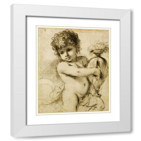 A Putto With a Vase White Modern Wood Framed Art Print with Double Matting by Barbieri, Giovanni Francesco