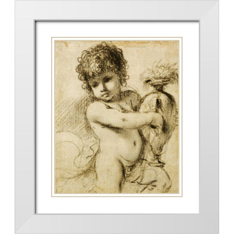 A Putto With a Vase White Modern Wood Framed Art Print with Double Matting by Barbieri, Giovanni Francesco