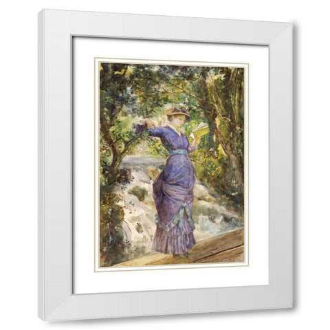 Girl Reading By a Waterfall White Modern Wood Framed Art Print with Double Matting by Bashkirtseva, Maria Konstantinovna