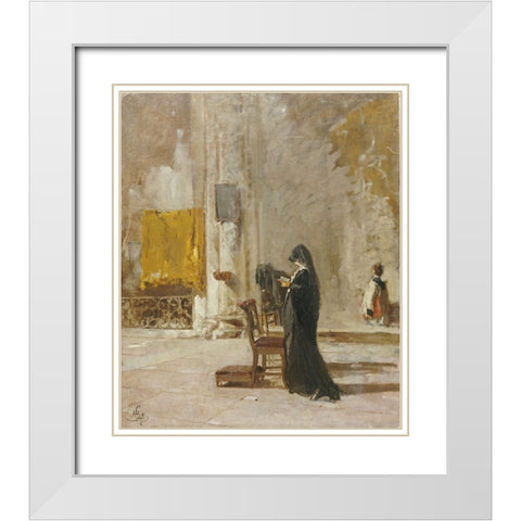A Lady Praying In Church White Modern Wood Framed Art Print with Double Matting by Bianchi, Mose