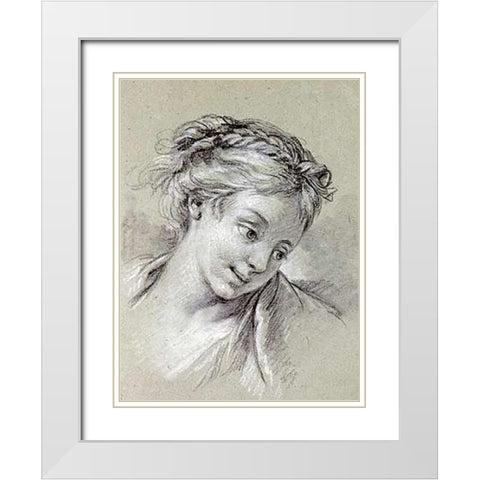 Head of a Girl Looking Down To The Right White Modern Wood Framed Art Print with Double Matting by Boucher, Francois