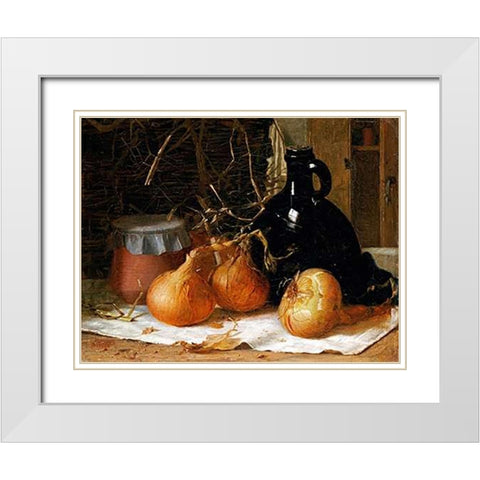 Onions, a Jug and a Ceramic Pot On a Tablecloth White Modern Wood Framed Art Print with Double Matting by Brooker, Harry
