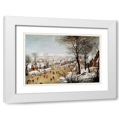 A Winter Landscape With Skaters and a Bird Trap White Modern Wood Framed Art Print with Double Matting by Bruegel, Pieter the Elder