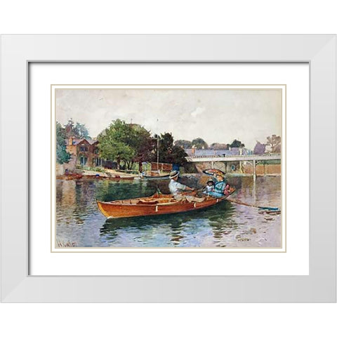A Boating Party On The Thames at Cookham White Modern Wood Framed Art Print with Double Matting by Caffieri, Hector