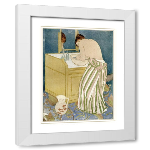 Woman Bathing White Modern Wood Framed Art Print with Double Matting by Cassatt, Mary