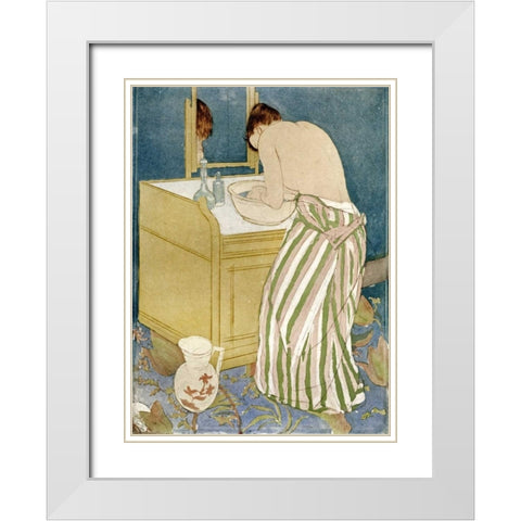 Woman Bathing White Modern Wood Framed Art Print with Double Matting by Cassatt, Mary