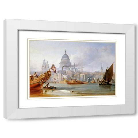 A View of Saint Pauls From The Thames White Modern Wood Framed Art Print with Double Matting by Chambers, George