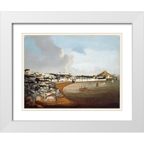 View of The Praya Grande, Macao White Modern Wood Framed Art Print with Double Matting by Chinese School