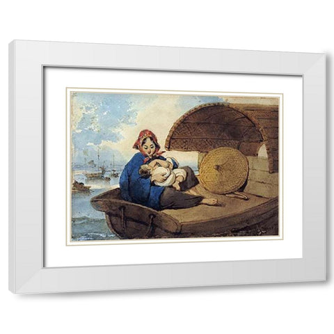 A Tanka Woman With Her Child On a Boat White Modern Wood Framed Art Print with Double Matting by Chinnery, George