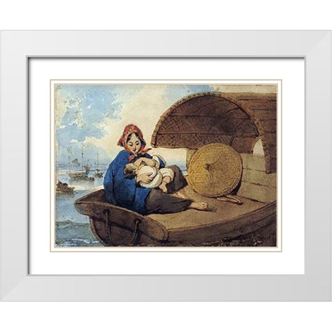 A Tanka Woman With Her Child On a Boat White Modern Wood Framed Art Print with Double Matting by Chinnery, George
