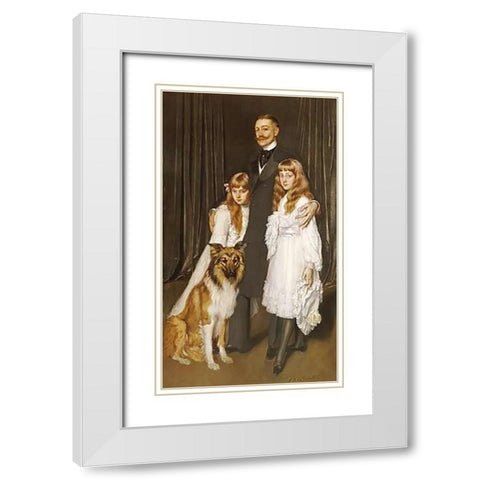 Portrait of a Family With Their Collie White Modern Wood Framed Art Print with Double Matting by De La Gandara, Antonio
