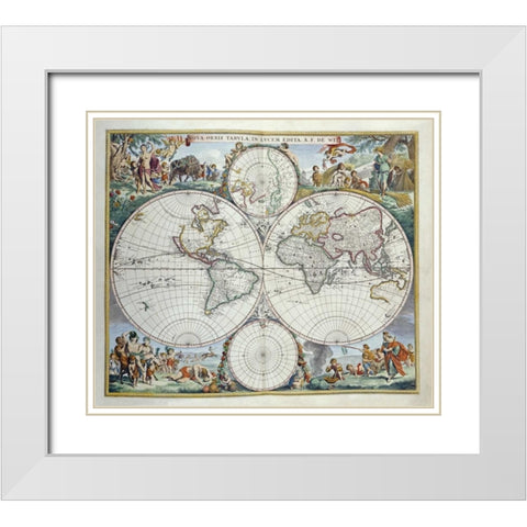 Map of The World White Modern Wood Framed Art Print with Double Matting by De Wit, Frederick