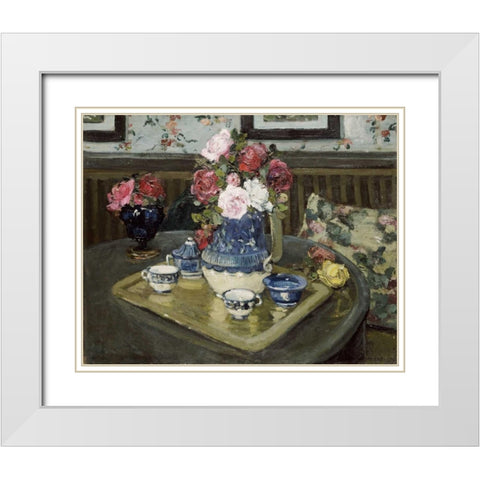 Roses On a Table White Modern Wood Framed Art Print with Double Matting by Demout, Adrian