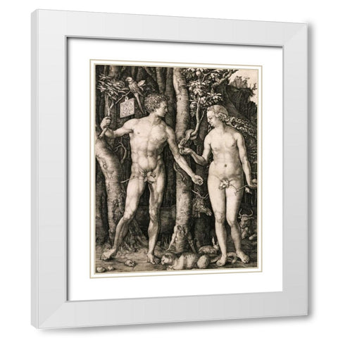 Adam and Eve White Modern Wood Framed Art Print with Double Matting by Durer, Albrecht