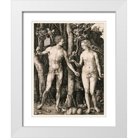 Adam and Eve White Modern Wood Framed Art Print with Double Matting by Durer, Albrecht