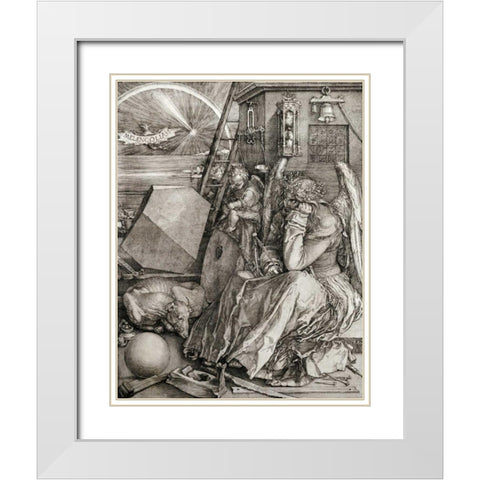 Melancholia White Modern Wood Framed Art Print with Double Matting by Durer, Albrecht