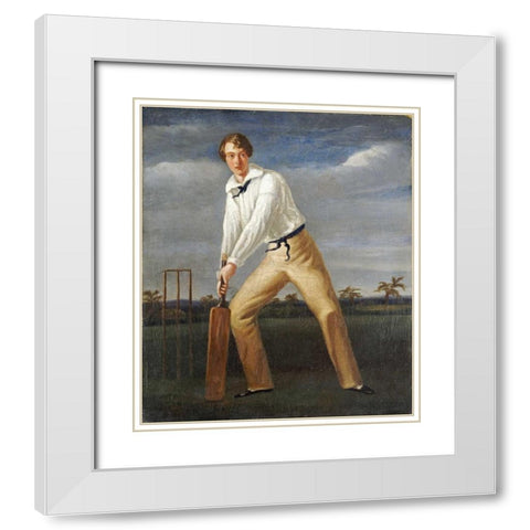 A Cricketer at The Crease White Modern Wood Framed Art Print with Double Matting by English School