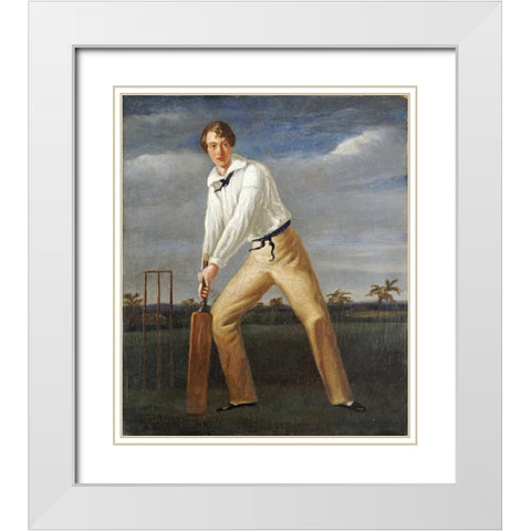 A Cricketer at The Crease White Modern Wood Framed Art Print with Double Matting by English School