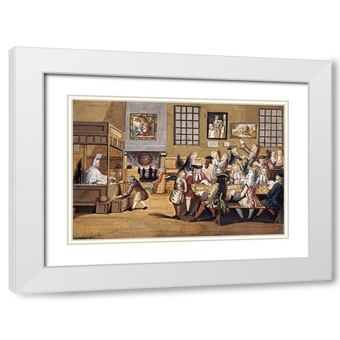 Scene In a London Coffee House White Modern Wood Framed Art Print with Double Matting by English School