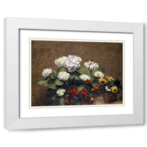 Hydrangeas, Wallflowers and Two Pots of Pansies White Modern Wood Framed Art Print with Double Matting by Fantin-Latour, Henri